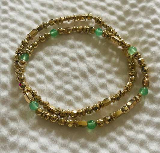 Green Adventurine & Gold Beaded Anklet Stack