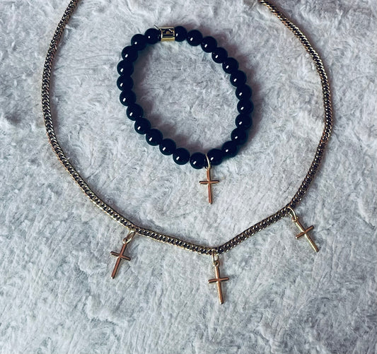 14k plated Tri Cross set with Obsidian bracelet