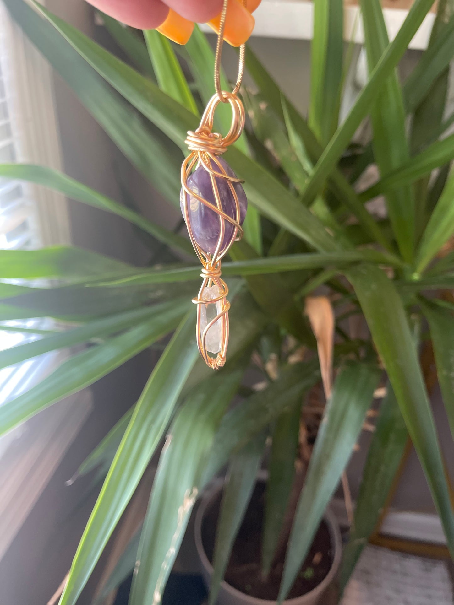 Gold Duo Stone Amethyst x Quartz necklace