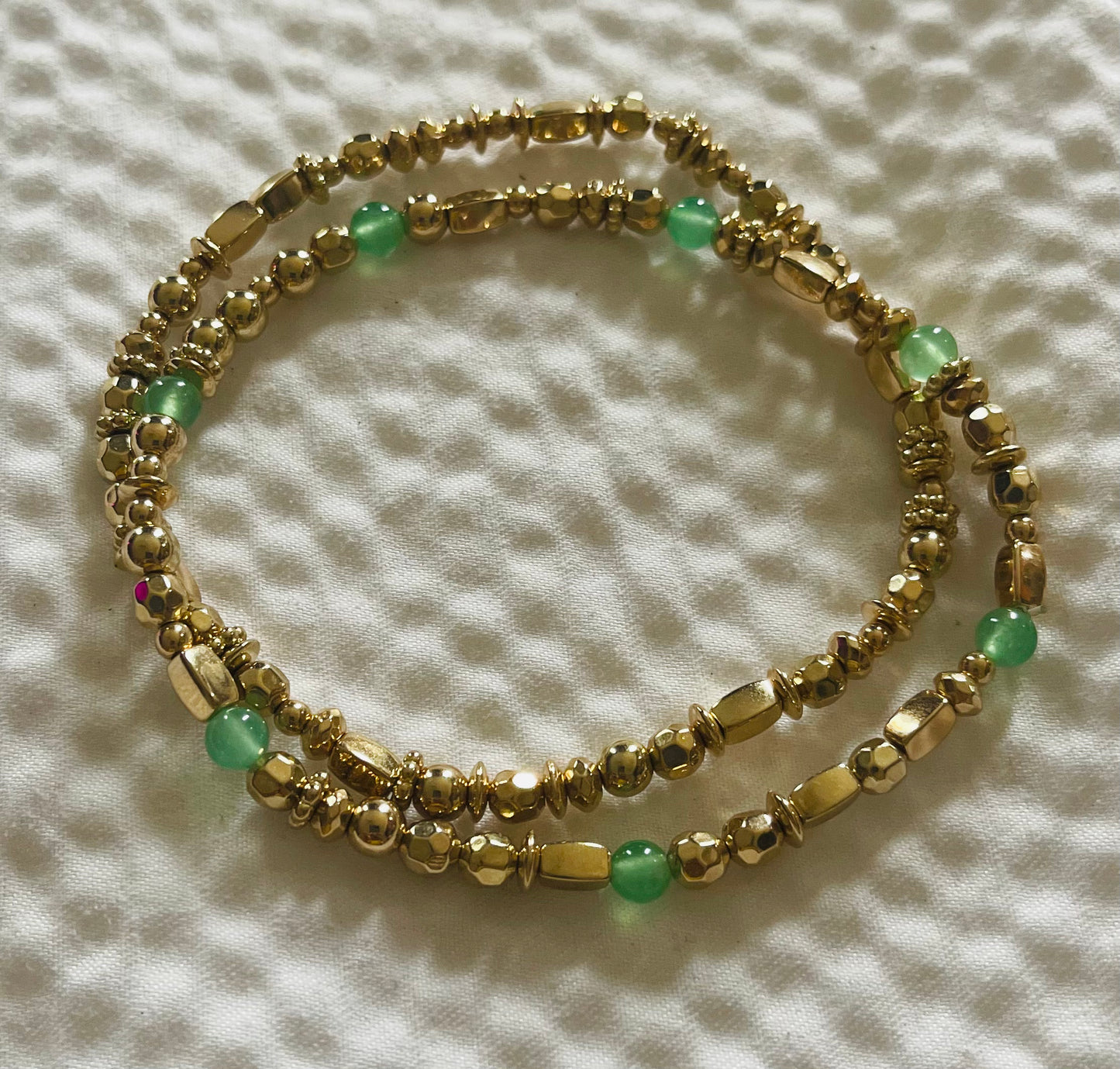 Green Adventurine & Gold Beaded Anklet Stack